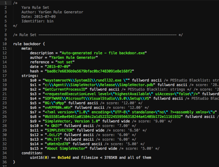 Example YarGen output: autogenerated ruleset for backdoor.exe